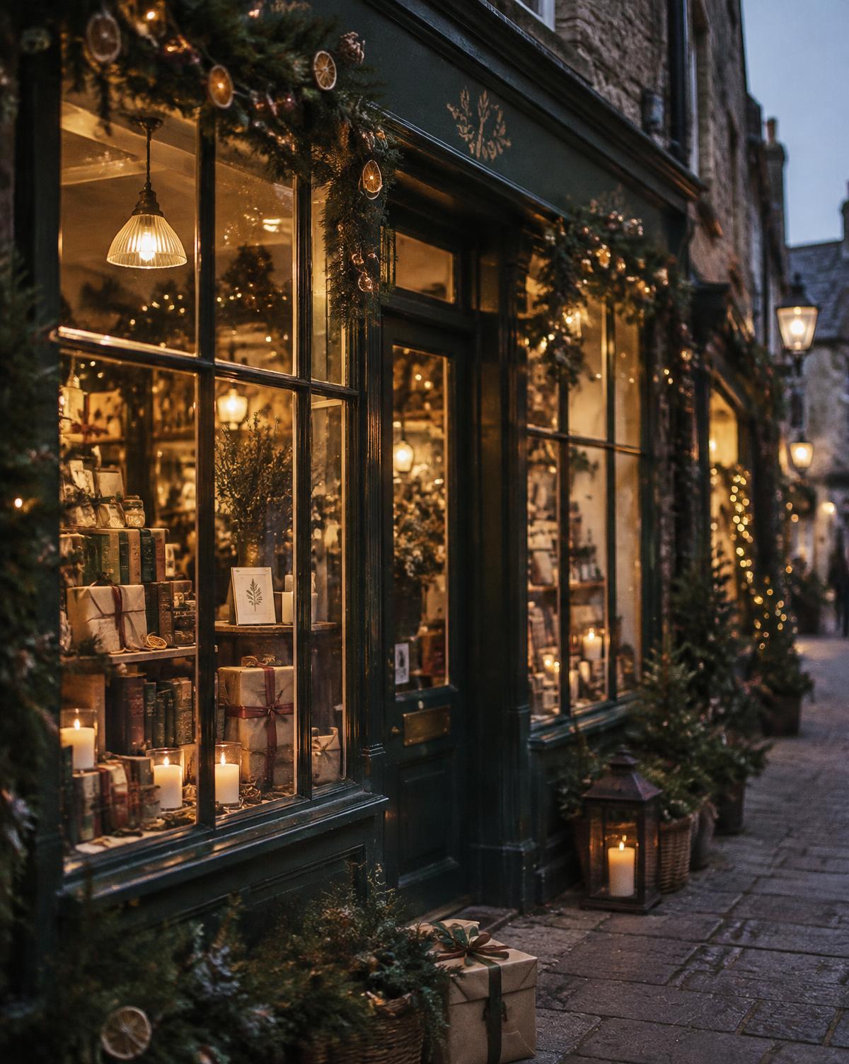 An independent shop window lit up for Christmas